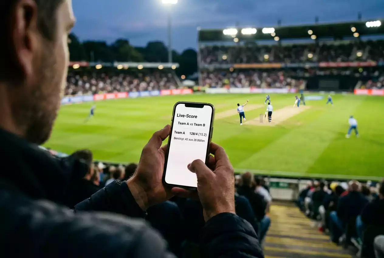 Cricket Live Wetten: Zuschauer im Stadion mit Smartphone während eines T20 Matches