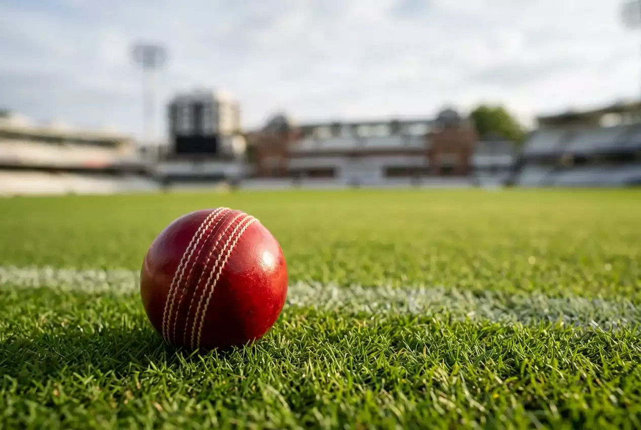 Cricket Wetten in Deutschland: Roter Cricket Ball auf grünem Spielfeld